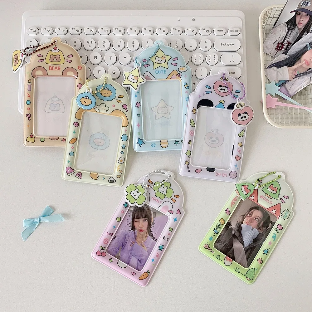 PVC Photocard Holder Keychain Cartoon Animal Idol Card Display Protector ID Badge Holder Hanging Decoration Photo Card Holder