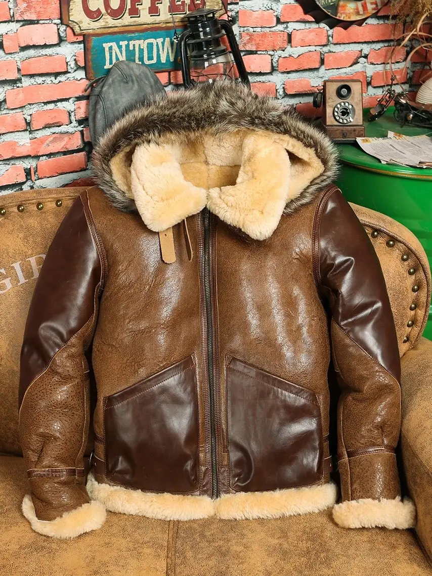 

Topshop Men's Winter Coat Genuine Sheepskin Shearling Bomber Jacket 100% Wool Liner Real Big Fur Hood Brown Patchwork Oversized