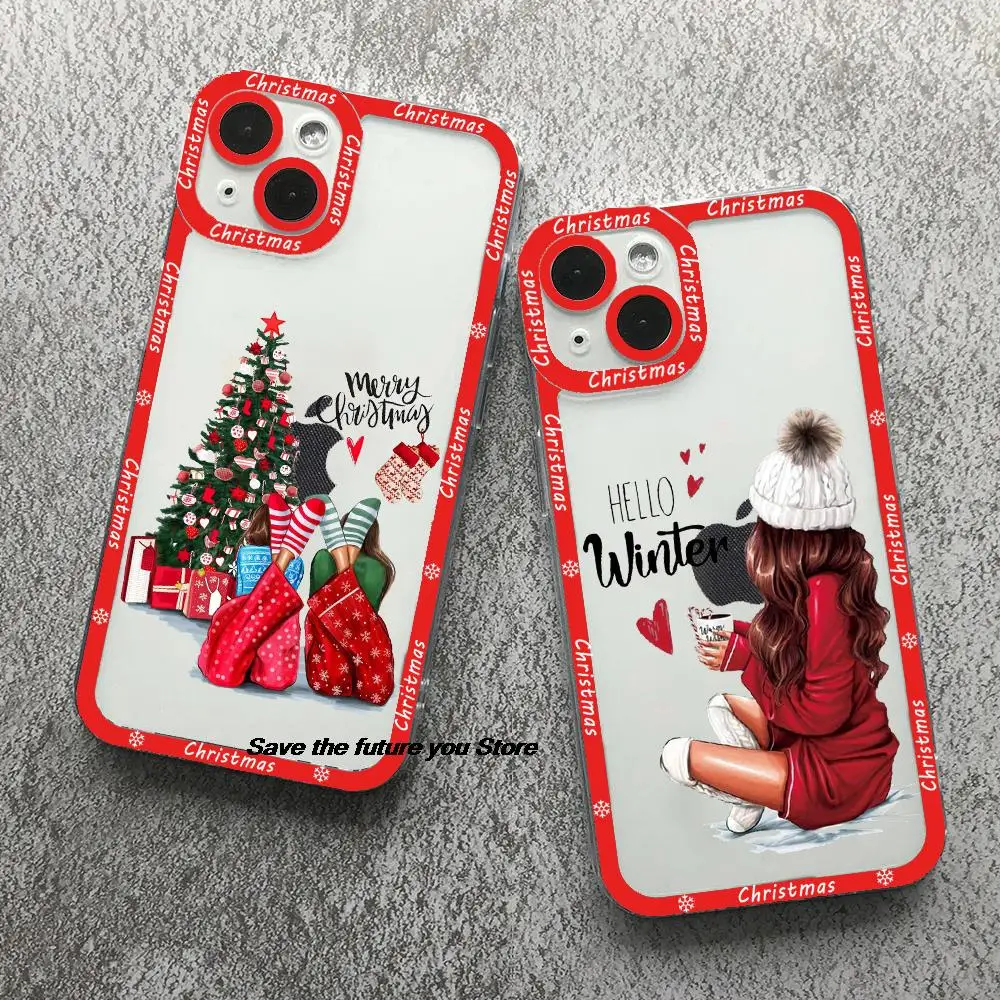 Cartoon New Year Christmas Phone Case For iPhone 13 12 11 14 15 16 Pro Max 15 16 PLUS Couple Fashion Girl Clear Soft bumper Case