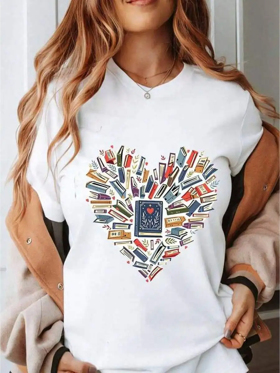 Women's Graphic T‑Shirt Heart Shape Book Lover Print Crew Neck Short Sleeve Literary Theme Reading Enthusiast Bookworms Readers Casual Everyday Gift Outfit Tee