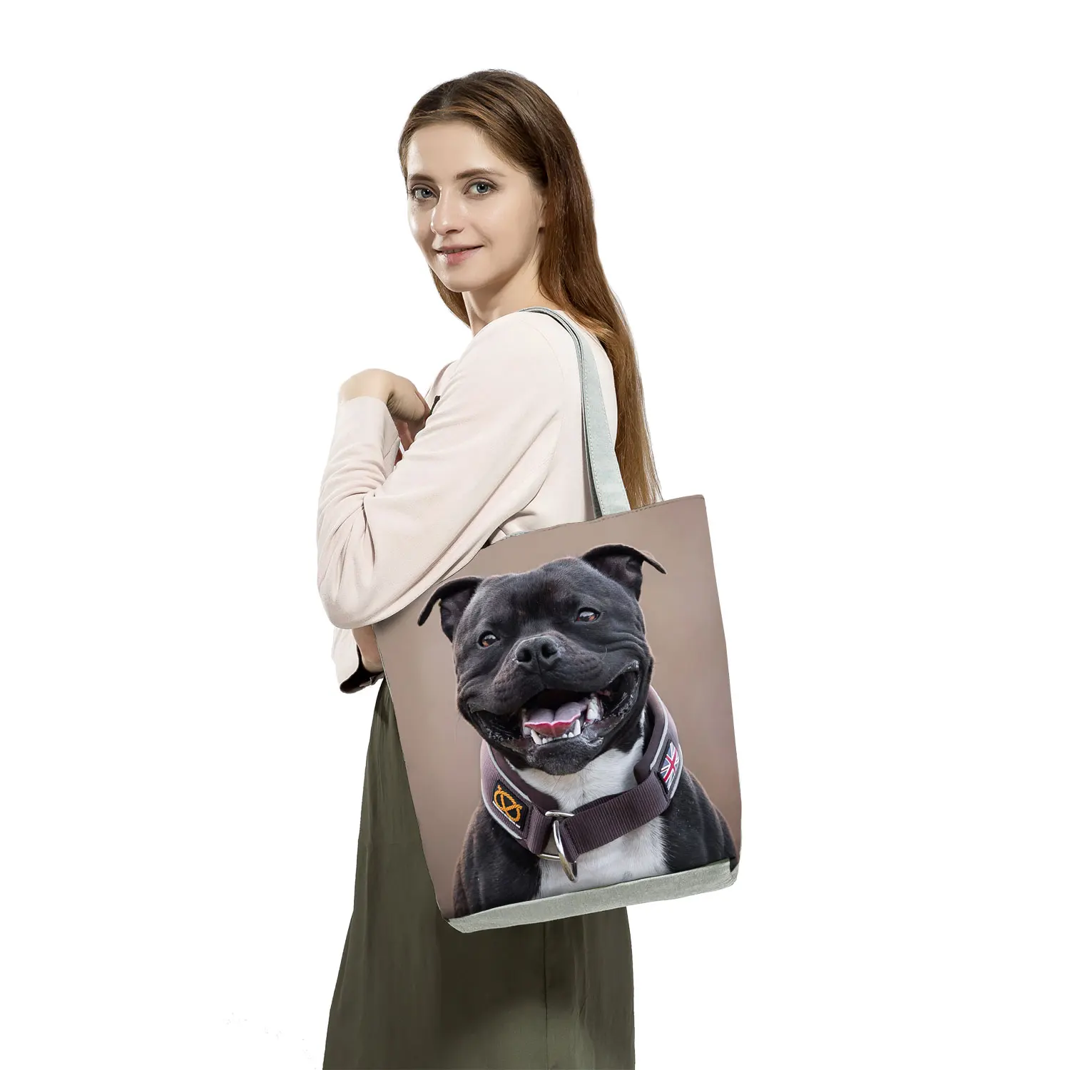 Cute Dog Print Handbags High Capacity Women Beach Tote Bags Portable Animal Staffordshire Bull Terrior Eco Reusable Shopping Bag