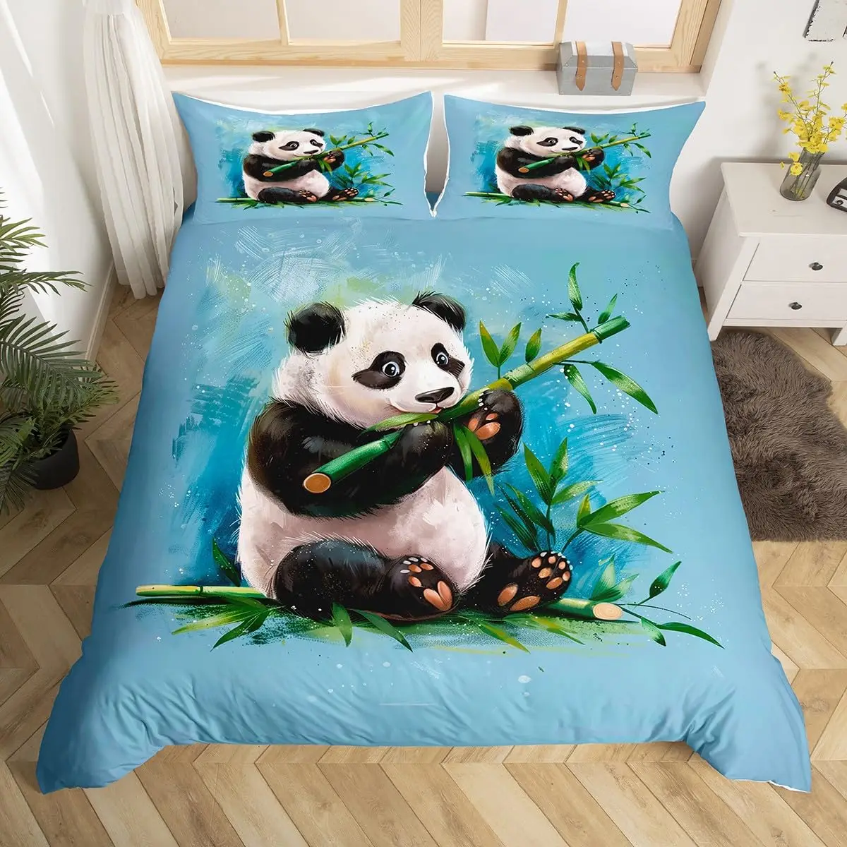 Cartoon Panda Bedding Set Double Green Leaves Duvet Cover Wild Animals Plants Comforter Cover Blue Oil Painting Art Quilt Cover
