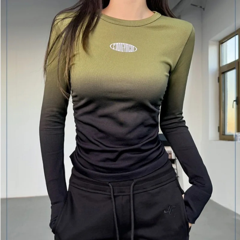 Gradient Yoga Suit Elastic Slim Outdoor Waist Wrinkle Tops Women's Casual Fitness Training Long Sleeved T-shirt Running Sports