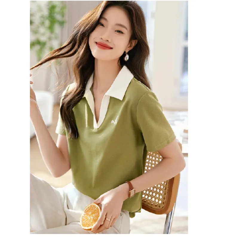 2025 verão feminino manga curta cor contrastante camiseta nova camisa polo solta e versátil