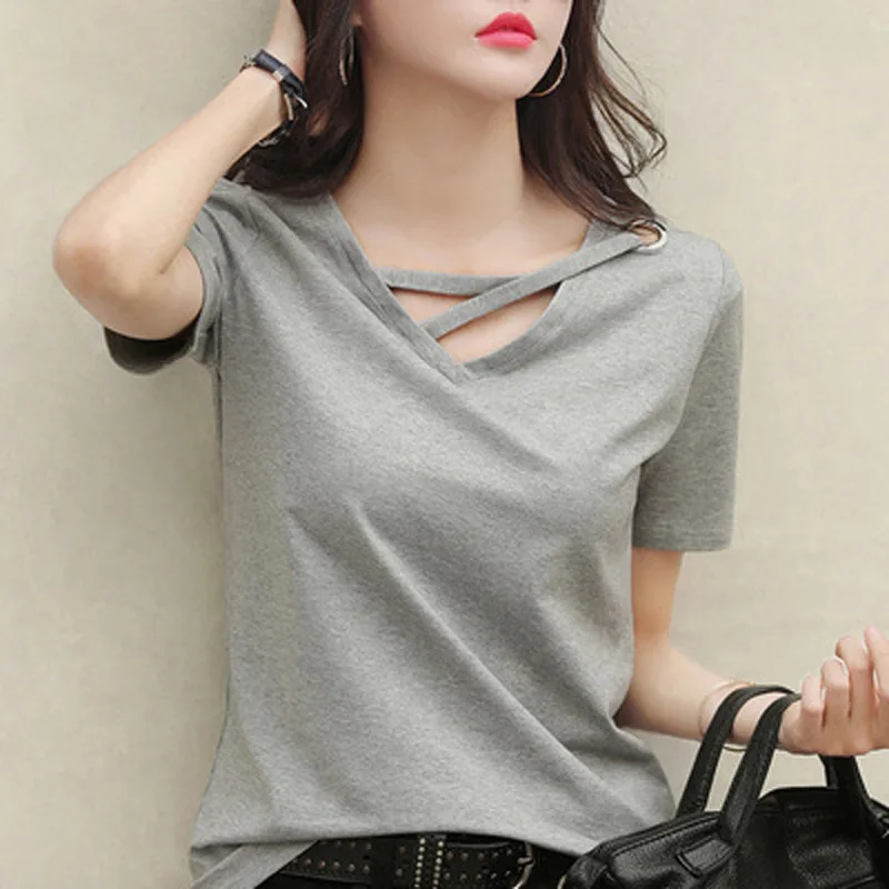 Fashion Summer Women White Korean Patchwork Metal Buckle Short Sleeved T-shirt V-neck Loose Casual Affordable Comfortable Tops