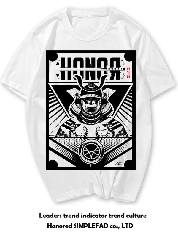 Simplefad Japanese Harajuku Style Samurai Armor Short Sleeve Cotton T-Shirt Men's Dark Trendy Brand Pure Cotton round Neck T-...
