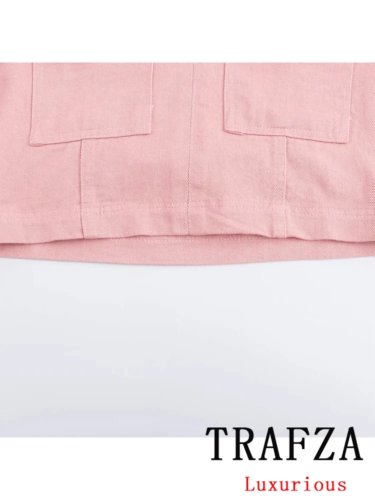 TRAFZA Vintage Casual Pink Denim Chic Women Suit V Neck Loose Jackets Loose Straight Buttons Shorts New Fashion 2024 Summer Sets