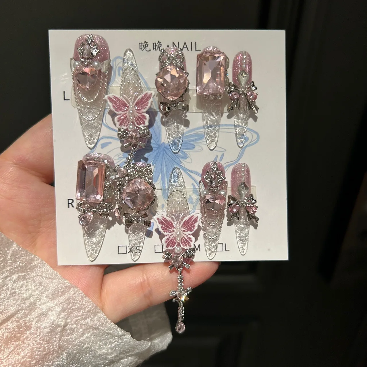 

Pink Crystal Butterfly Fairy Press On Nails Heavy Duty Handmade 3D Butterflies Pearl Bows Metal Cross Ideal for Fairy Dresses Li