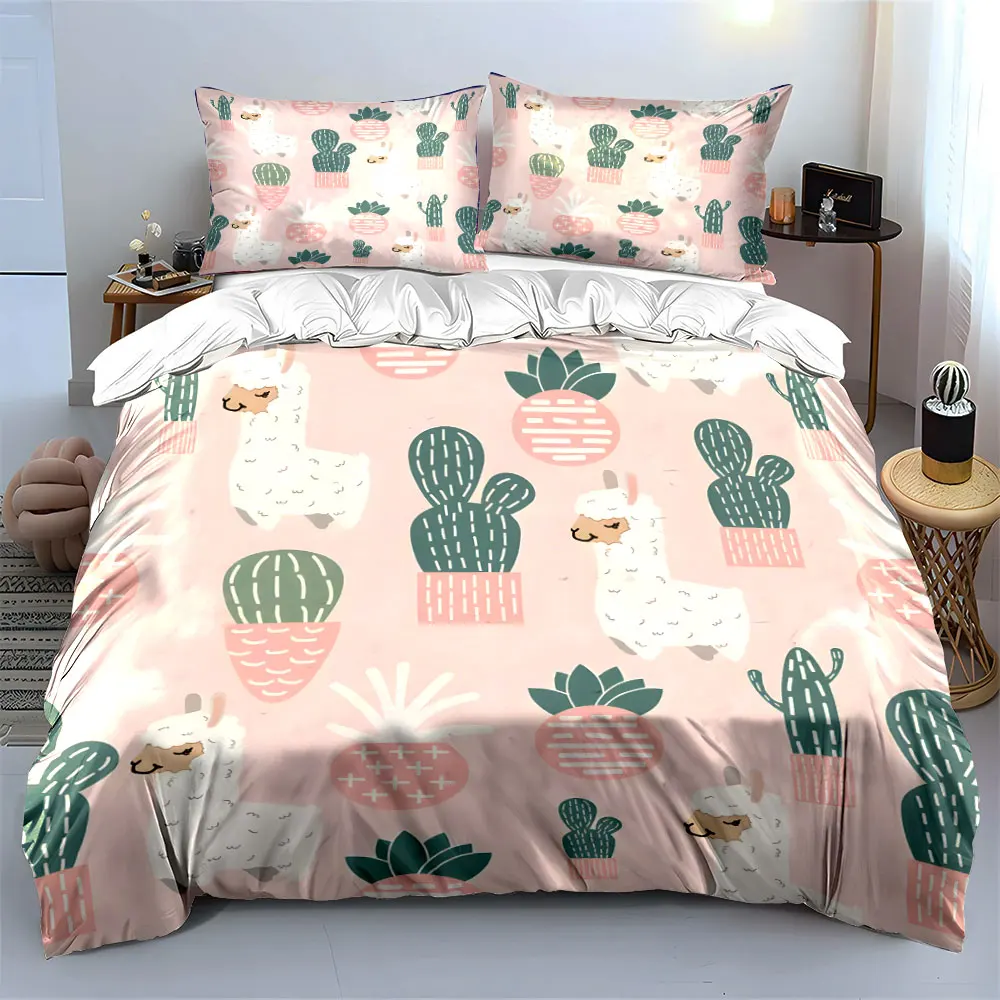 Cute cartoon llamas and succulents on pink Print Bedding set 3PC 1 duvet cover 2 pillowcases adult and children bedding set