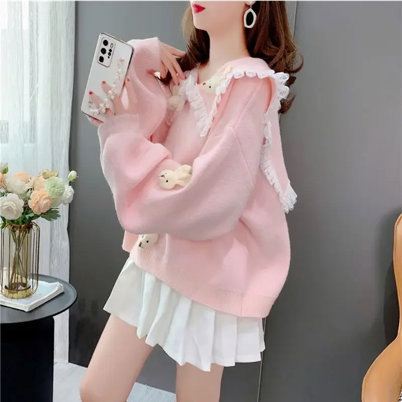 2025 Sweatshirts Women Sailor Collar Lace Splicing New Sweet Cartoon Sweater Solid Tops Female