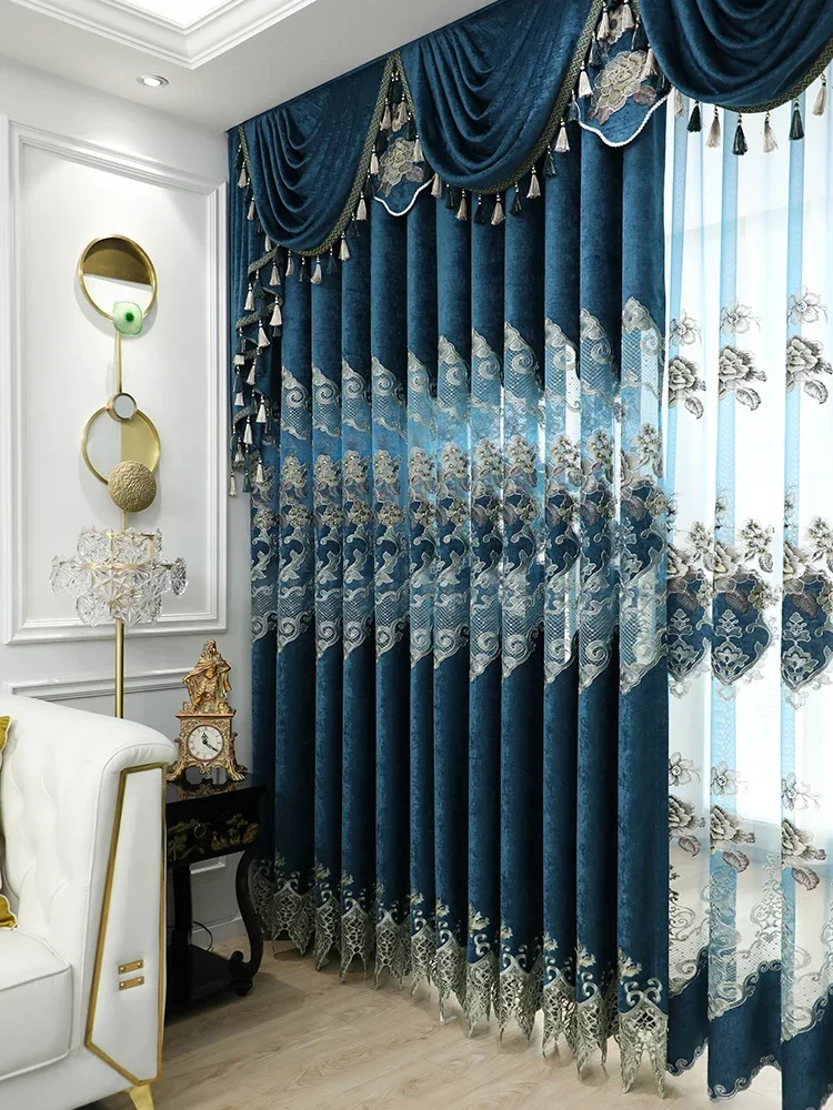 New Simple Retro European Curtains for Living Room Bedroom High-end Chenille Luxury Hollow Embroidery Villa High-end Customized