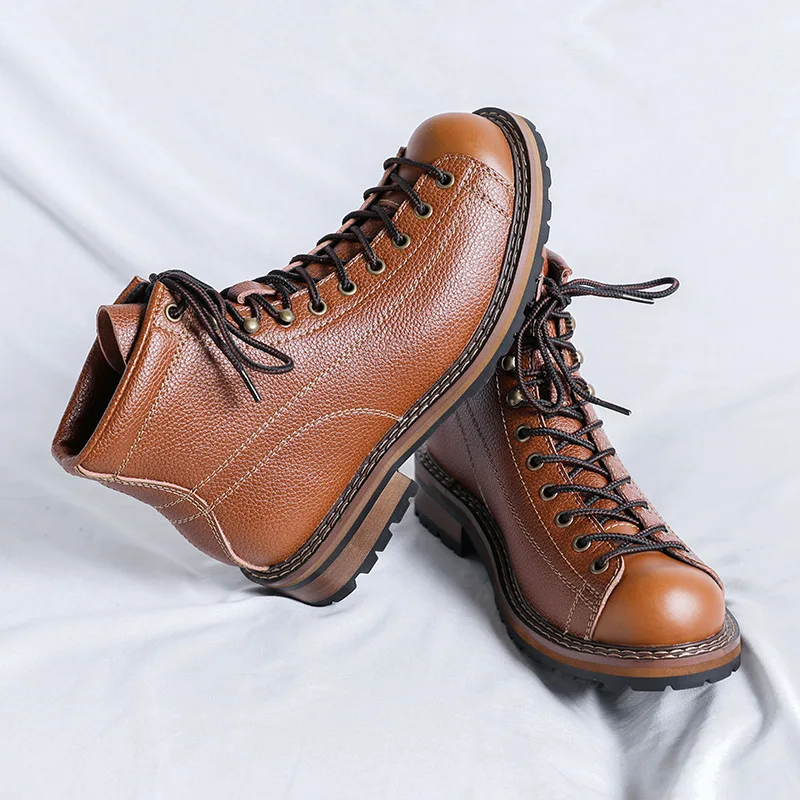 Botas de cuero genuino para hombre, zapatos de trabajo Vintage de alta calidad, estilo británico, zapatos de plataforma de primavera