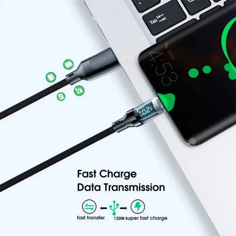 New 120W LED Digital Display Quick Charge USB Type C Cable For Samsung Xiaomi POCO Redmi Huawei Super Fast Charging Data Cord