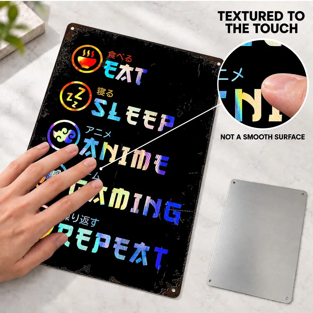 Eat Sleep Anime Gaming Repeat Aluminum Poster Customized Metal Sign Bold Typography Design Wall Art For Bedroom Manga Lover Gift