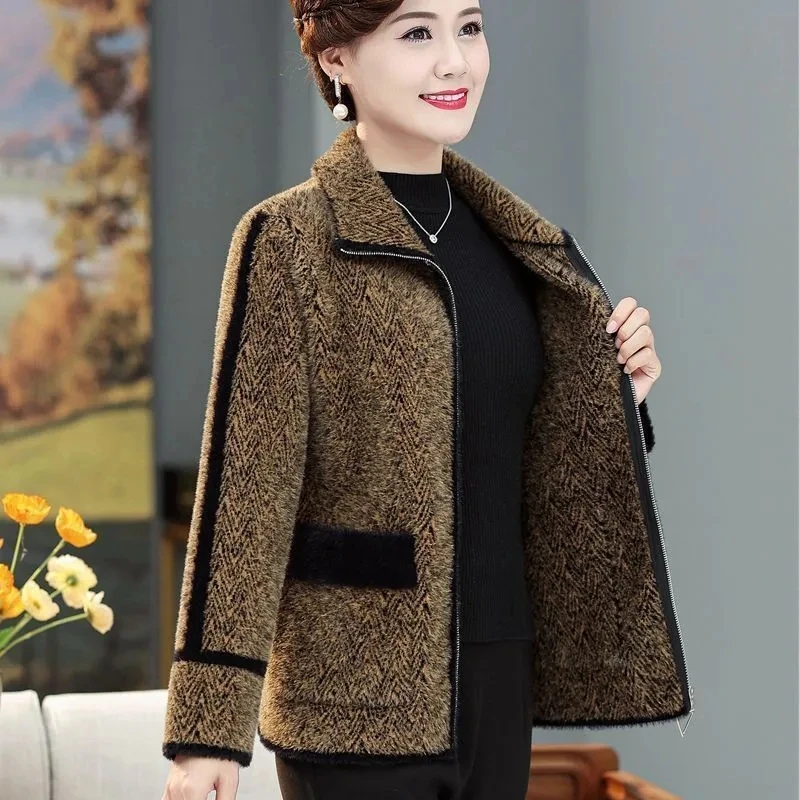 Spring Autumn 2024 New Woolen Jacket Mother Cardigan Wool Coat Lapel Button Imitation Mink Cashmere Women's Warm Coat Overcoat