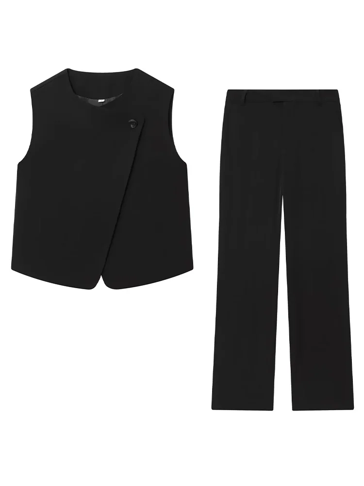 

HH Women Fashion Black Solid Round Neck Pockets One Button Sleeveless Vest+Summer Casual Zipper Straight-leg Pants Set Mujer