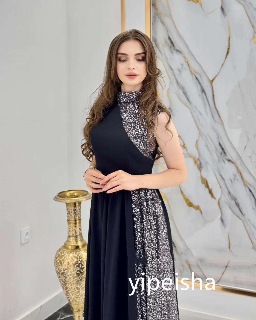 Customized Classic Jersey Pleat A-line High Collar Midi Dresses Prom Dresses Exquisite Modern Style Pastrol Unisex Chinese Style