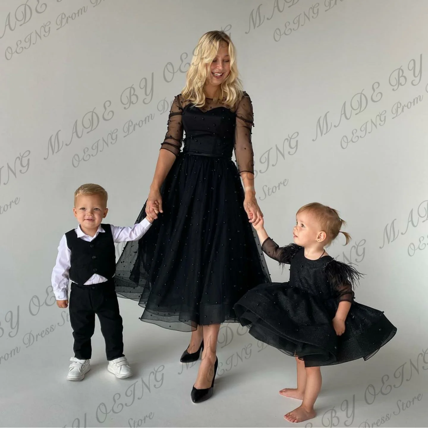 OEING Black Mother And Daughter Tulle Prom Dress Simple Sweetheart Tea Length Party Dresses Full Sleeves A Line Event Gowns