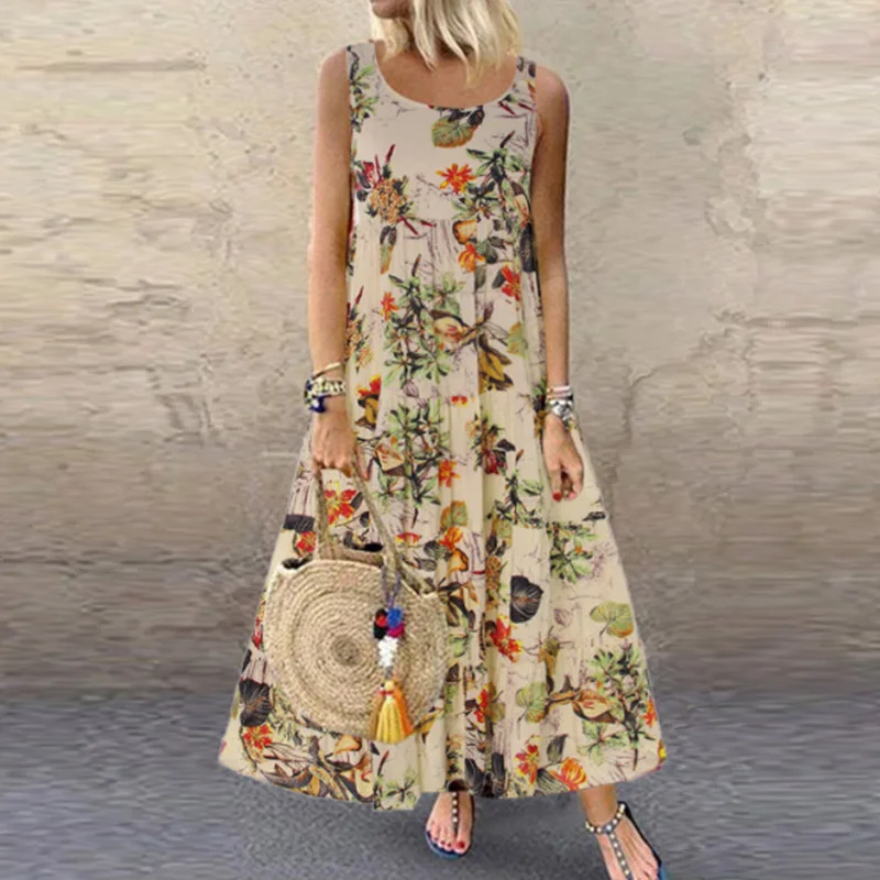 2023 donne Bohemian Maxi Dress estate Casual O collo senza maniche Tank abiti lunghi Vintage stampa floreale abiti da spiaggia allentati