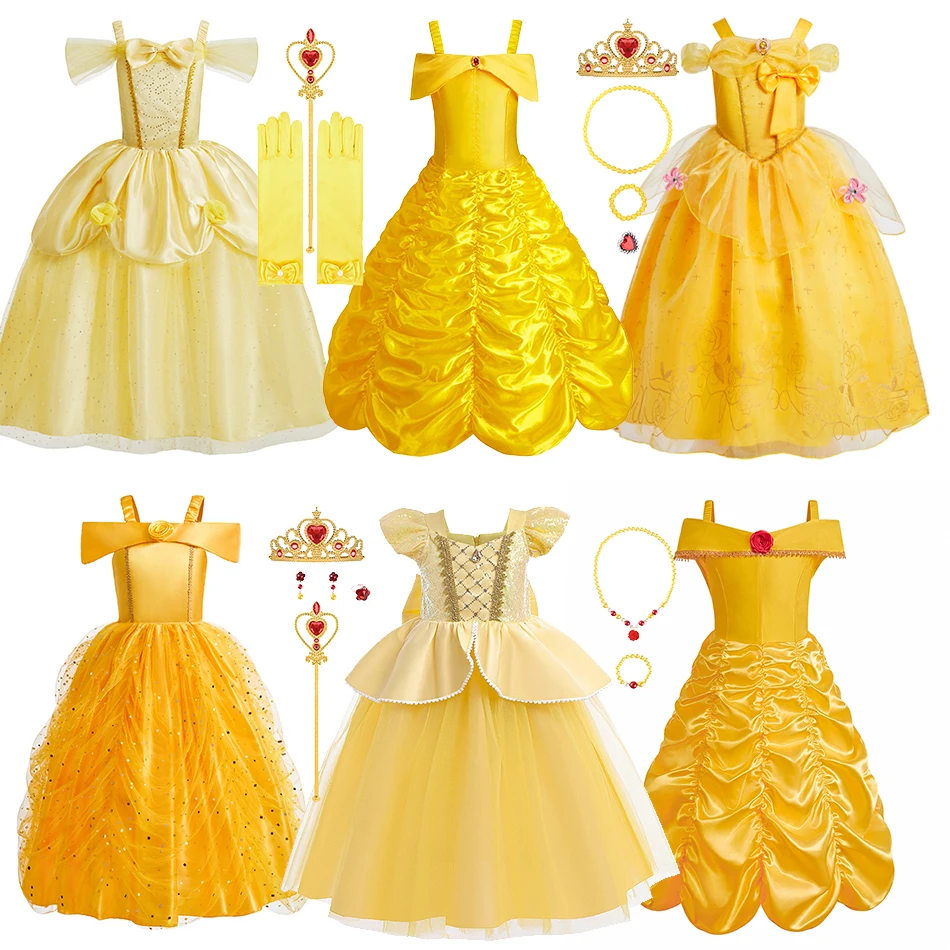 Children Princess Costume Girl Yellow Belle Cosplay Dress Up Kids Halloween Carnival Birthday Performance Party Clothes