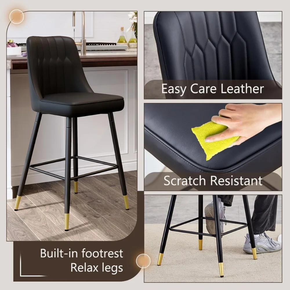 Set Kursi Bar Isi 4, Kursi Bar Tinggi Konter dengan Punggung, Kursi Dapur Kulit Imitasi Modern, Kursi Bar Hitam 27 "dengan Logam Stabil