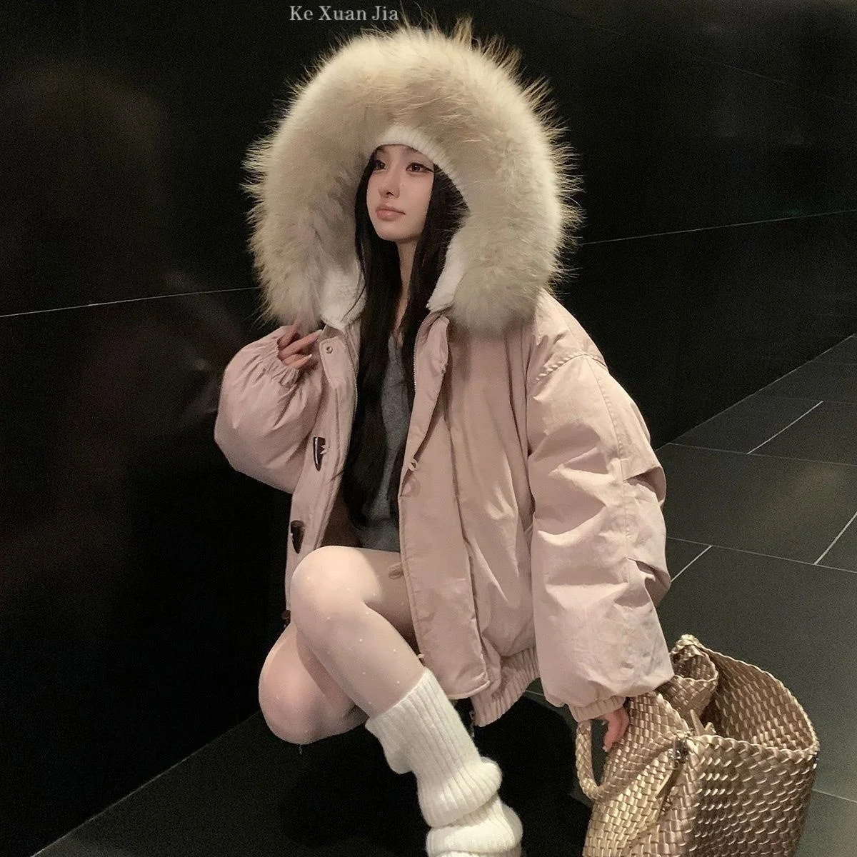 

Parkas Outdoor Womens Winter Pile Personality Woven Sweet Outwear Puffer Fur Thicken Lined Fashion Trendy Warm-Keeping Lace-Up