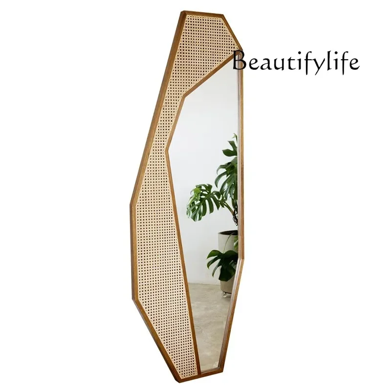 

New Chinese Solid Wood Makeup B & B Hotel Rattan Creative Simple Floor Mirror Decorative Art