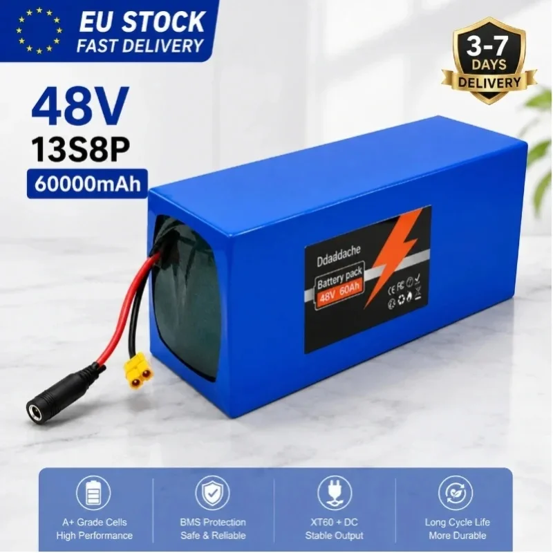 48V 60Ah 18650 Lithium-Akku-Pack 13S8P Wiederaufladbarer Li-Ionen-Akku Smart BMS XT60 DC-Ausgang EU-Lager Schneller Versand für E-Bike Scooter Solarenergiespeicher RV Camping Notstromsystem DIY