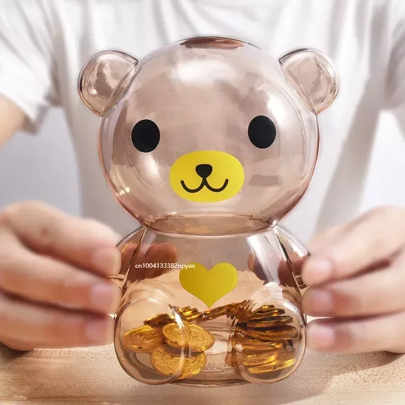 3D Creative Little Bear Piggy Bank Cute Safe Deposit Box Transparent Coin Paper Money Saving Box Kids Holiday Gift Desktop Decor