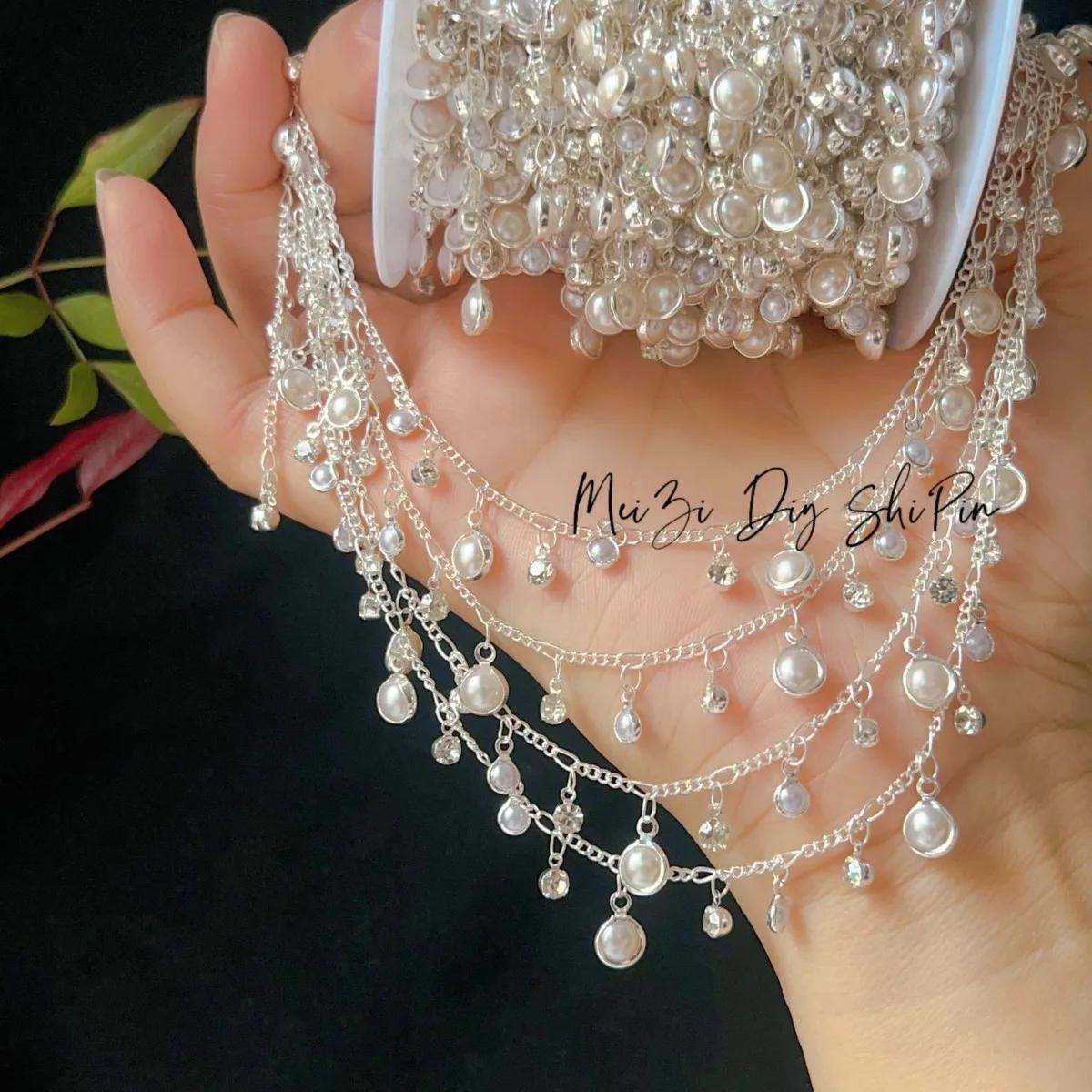 DIY Chain for BJD Doll Necklace with Pearl Edged Baroque Beads and Rhinestones Hair Braiding Jewelry Accessory