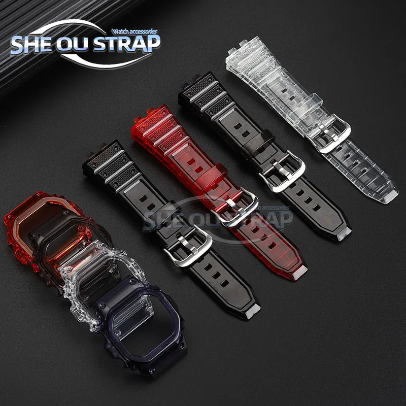 TPU Watch Strap For Casio G-SHOCK  GMW-B5000 Transparency Modified Jelly Set Case And Watchband Red Black TPU Watch Strap