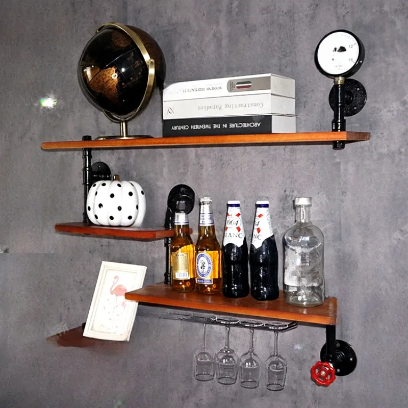 

Wall rack bar counter wall decoration wall hanging wrought iron solid wood baffle creative water pipe wine rack