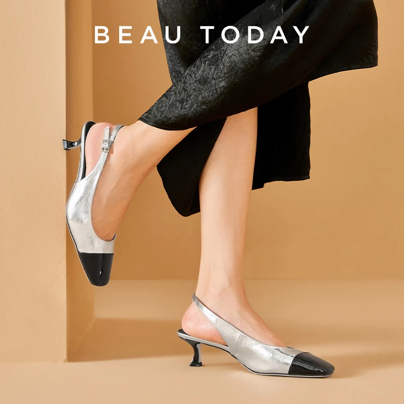 

BEAUTODAY Luxury Sandals Women Cow Leather Square Toe Patchwork Buckle Strap Pumps Summer Ladies Heeled Shoes Handmade 15653