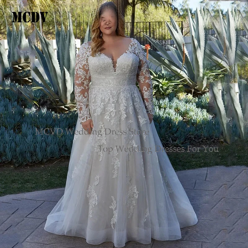 

MCDV Women Glitter Long Sleeves Wedding Dress Plus Size V Neck Backless A Line Applique Bridal Gown Customized Bridal DressWomen