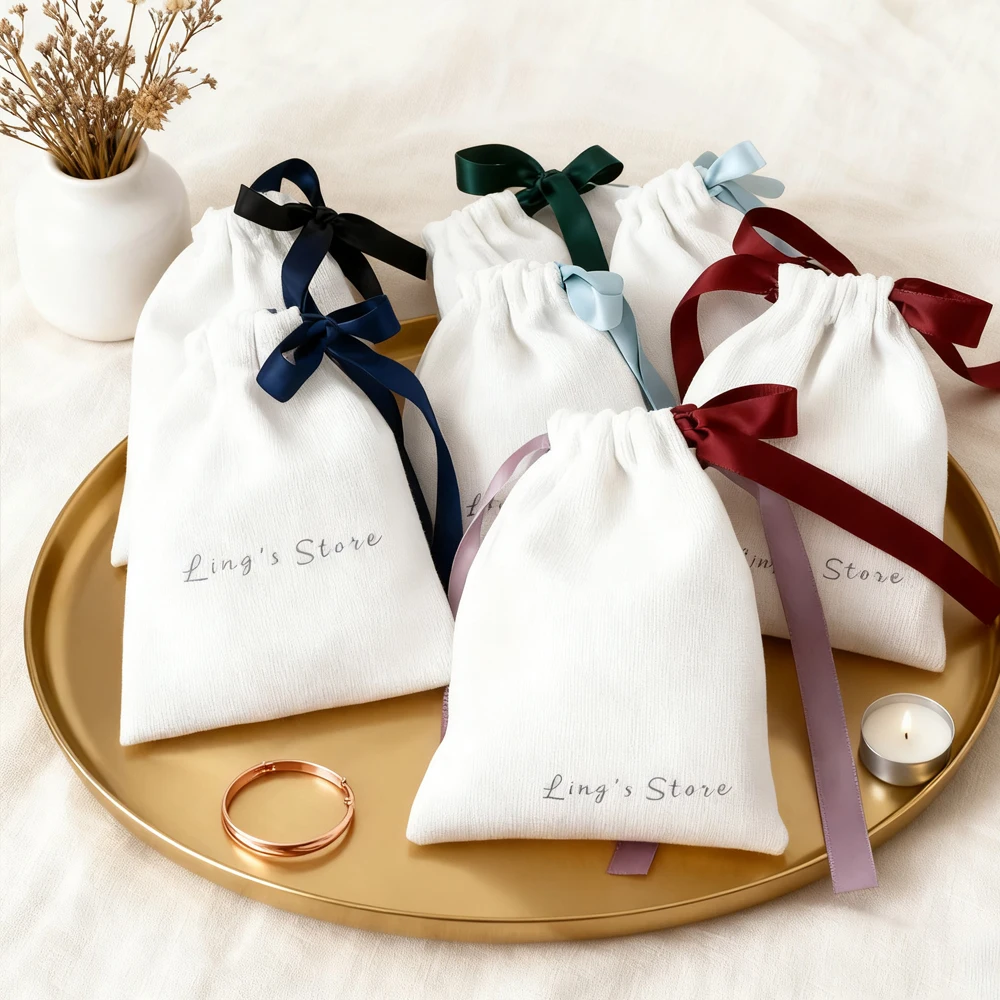 

50Pcs Customized White Cotton Bags With Mint Green Ribbon Wedding Favors Candy Cosmetic Chocolate Muslin Drawstring Gift Pouches