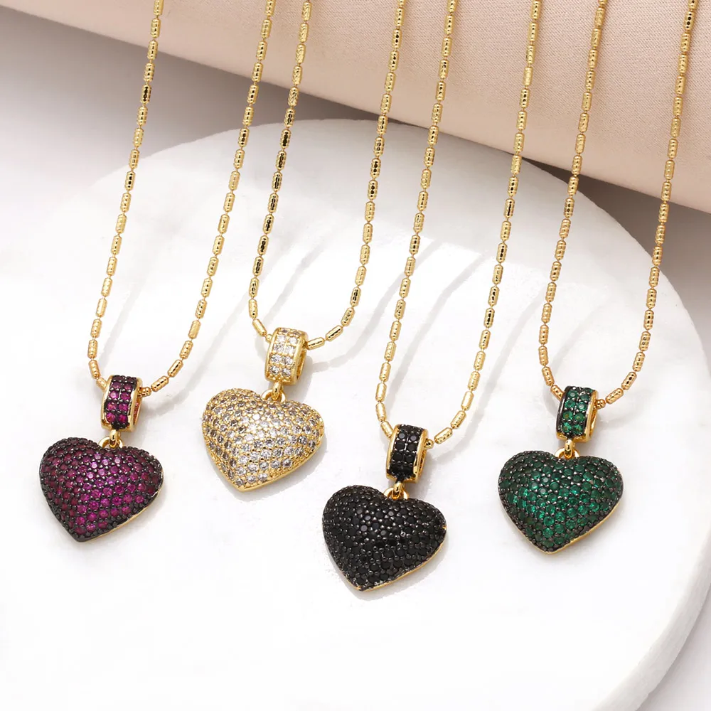 FLOLA-collar de corazón de cristal verde de lujo para mujer, collares cortos chapados en oro y cobre, joyería CZ, regalos nkeb228