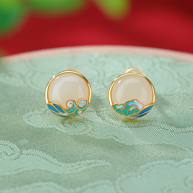 S925 Sterling Silver Gold-Plated Hetian Jade Enamel Wave-Shaped Round , Cloisonn Elegant Earrings