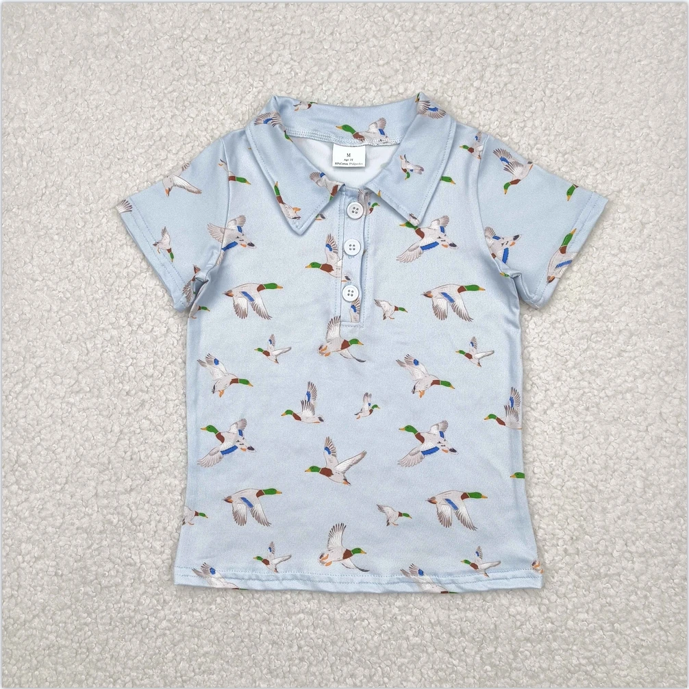 

Hot Sale Fashion Kids Designer Clothes Baby Boys Blue Short Sleeves Button Ducks Short Sleeves Button Pockets Shirts Top