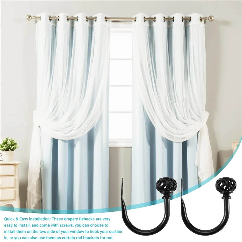 AD23-1 Pair Of Metal Curtain Hooks - Retro Wall Mounted Curtain Hold Back Tiebacks Wall Hook Tassel Drapery Holder (Black)
