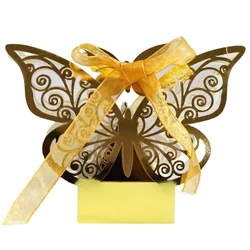 10 stücke laser geschnittene hohle Pralinen schachtel Gold Schmetterling Verpackungs schachteln Großhandel mit Bändern Hochzeits feier begünstigt Verpackung