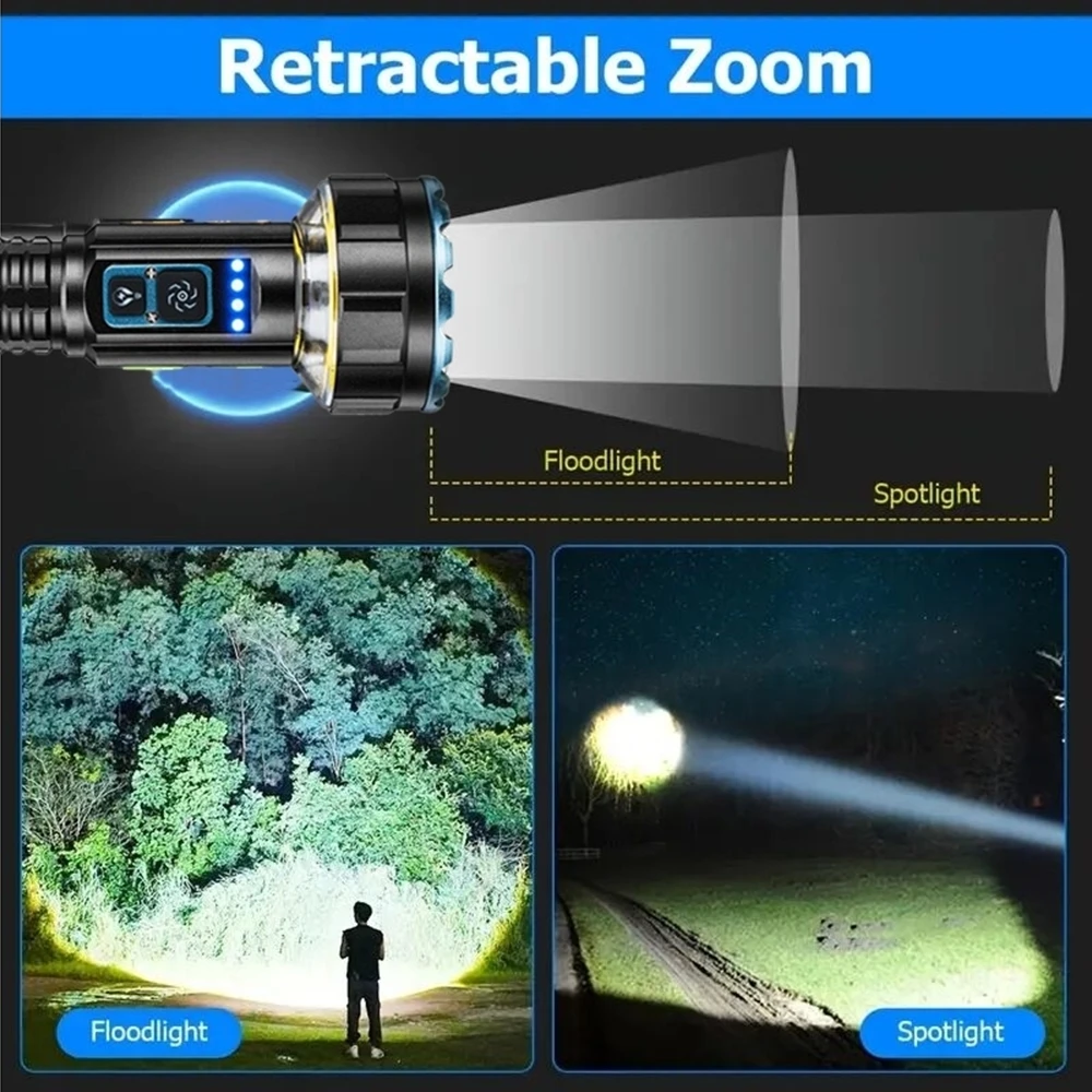 30W 1+8 LED Light Beam Flashlight USB Rechargeable Outdoor COB Camping Hiking Hunting Fishing Climbing Adventure High Power Torc