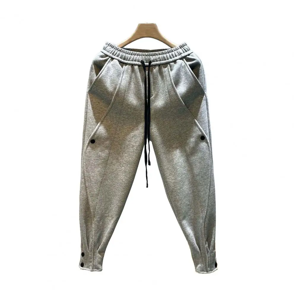 

Men Trousers Drawstring Harem Pants with Elastic Waist Button Decor Solid Color Loose Trousers for Sport