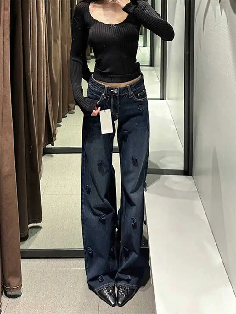 Women's Low Rise Straight Leg Jeans Denim Pants 2000s Y2K Harajuku Designer Blue Cowboy High Street Chic New Tide Flower New