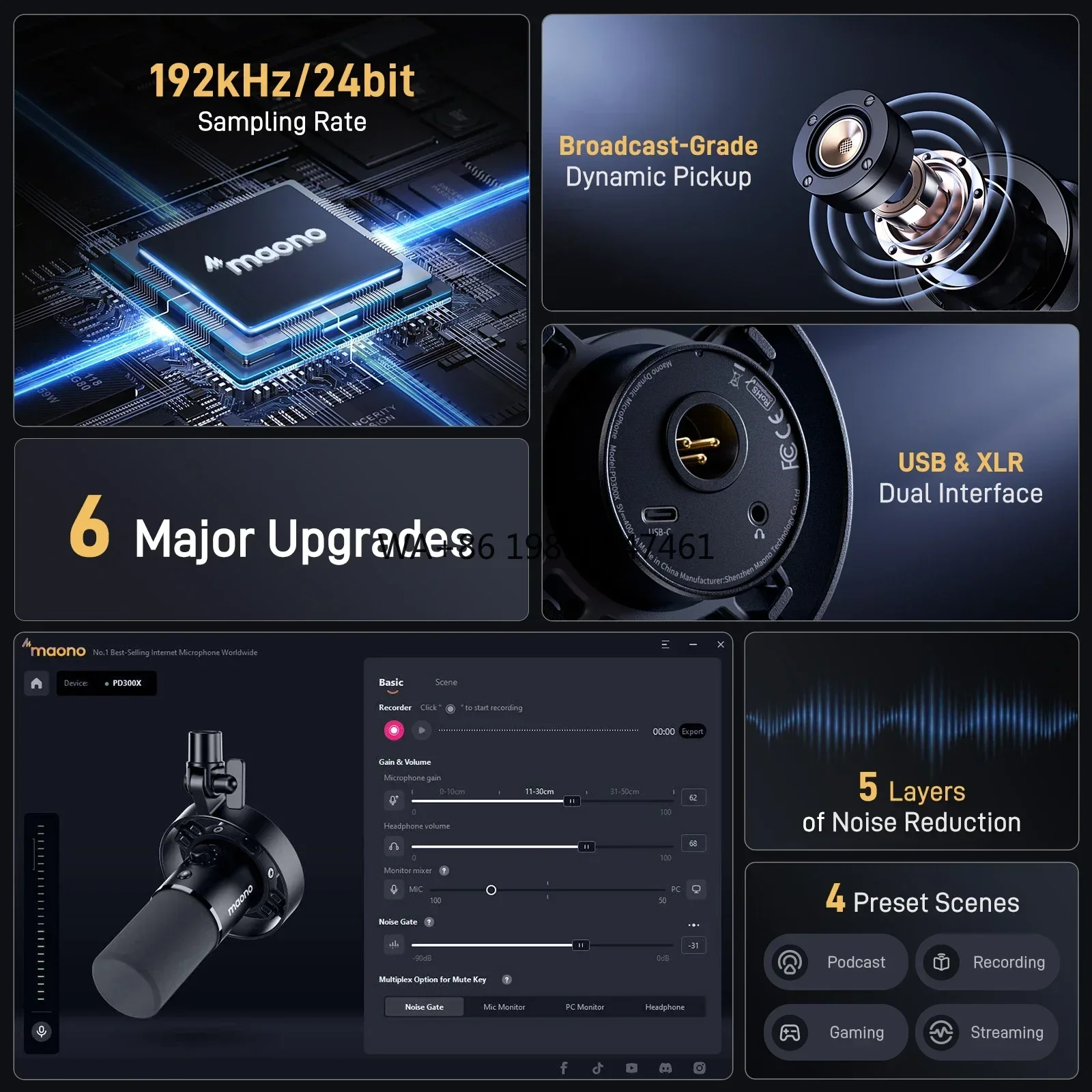 

Maono PD300X Dynamic Microphone XLR USB Podcast Recording Mic 192kHz24bit for Content Creation Home Audio Studio Noise Reduction