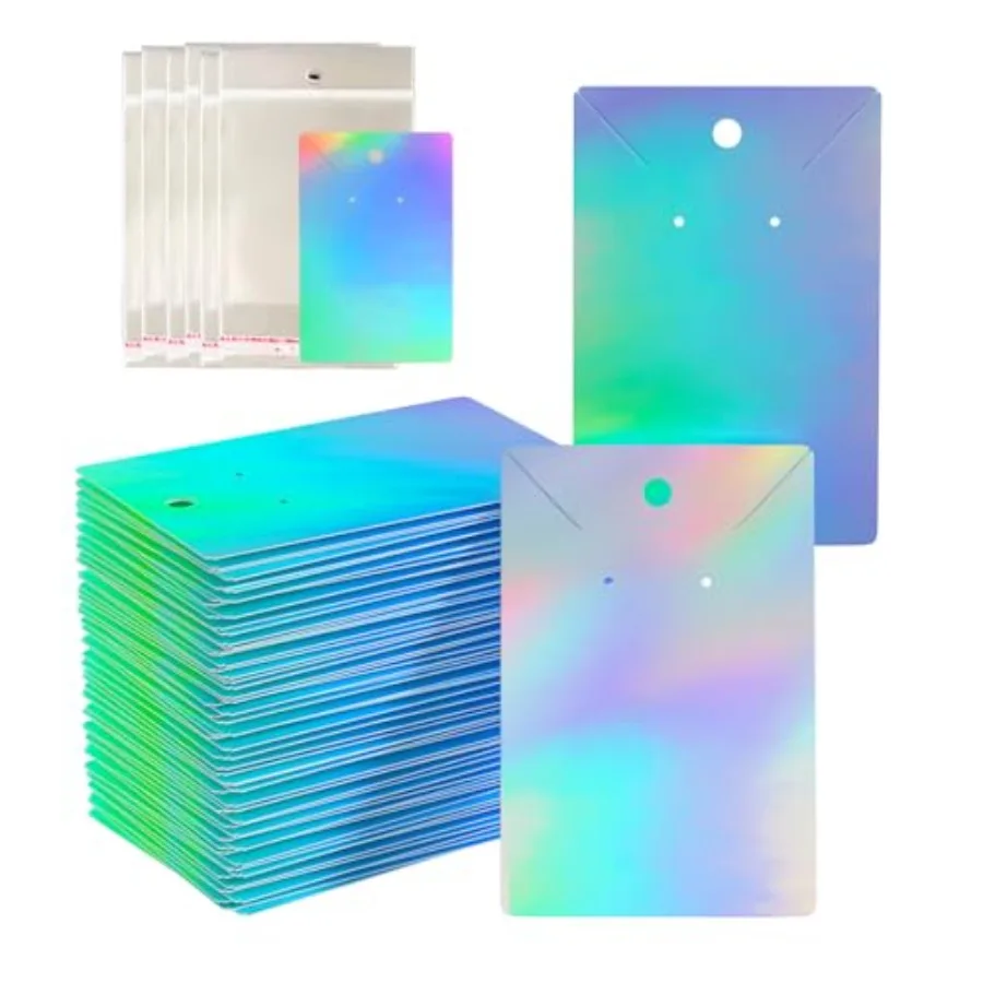 

300pcs Holographic Earring Card Holder Paper Tags for DIY Ear Studs Necklace Jewelry Display, 150 Set Earring Card with 150 Pcs