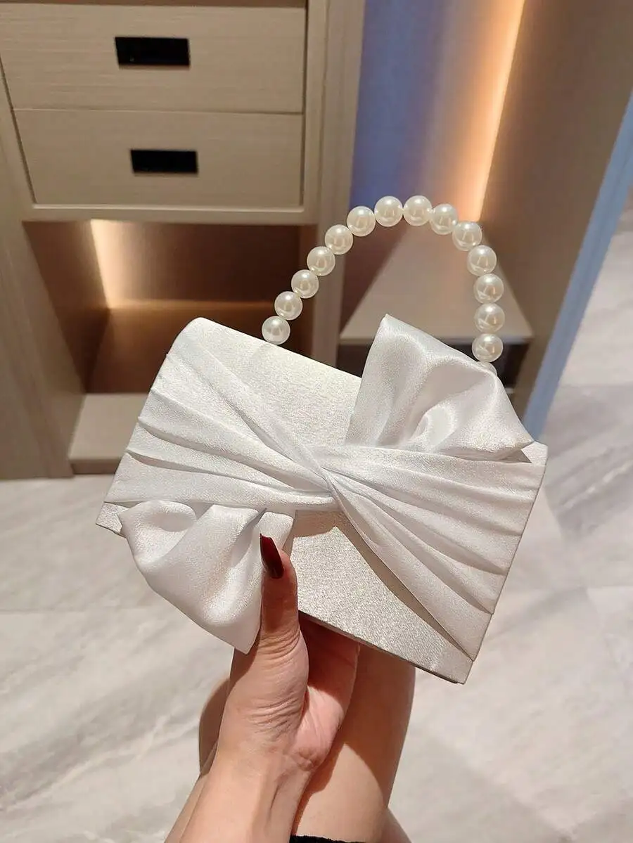 

Elegant White Bow Clutch With Faux Pearls Handheld Evening Bag For Wedding Party Prom