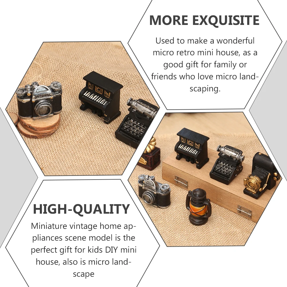 

5pcs Miniature Retro Resin Piano Typewriter Lamp Video Recorder Phonograph For Diy Mini House Room Box Decor Kids Gift Micro