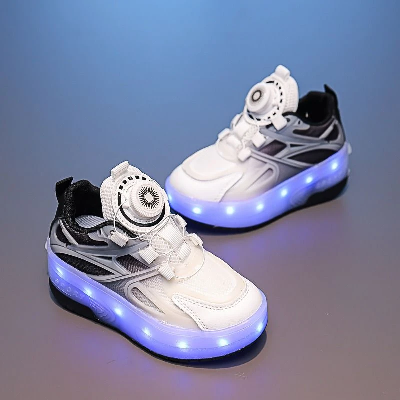 Children\'s Kids Boys Girls USB Charging Glowing Casual Sneakers Led Light Wheels Outdoor Parkour Roller Skate Shoes Sports For