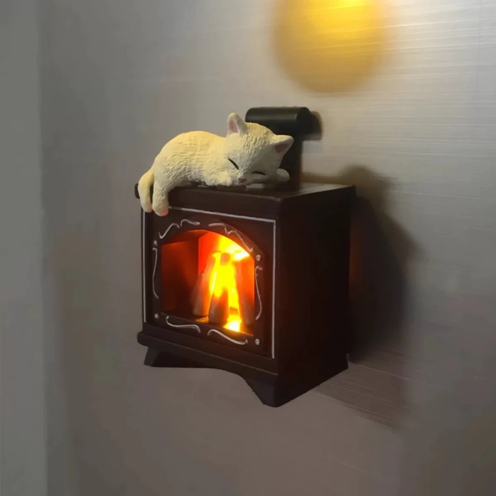 Mini Cat Fireplace Refrigerator with LED Night Light Creative ForHome Decoration Children's Bedroom Kitchen Fridge Magnet