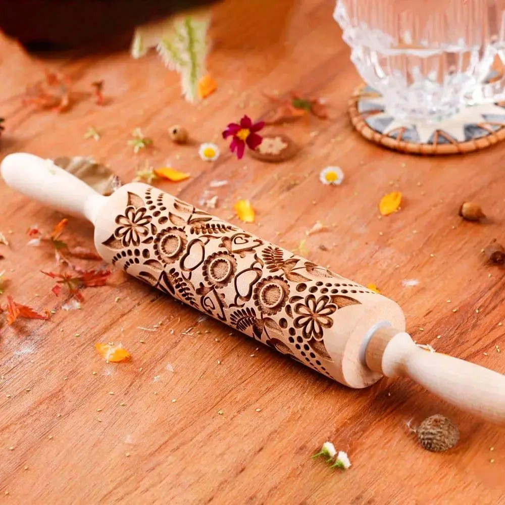 Wooden Sunflower Embossed Rolling Pin With Pattern For Kitchen Pastry, Baking Tools, Deep Engraving Cookies Stamp